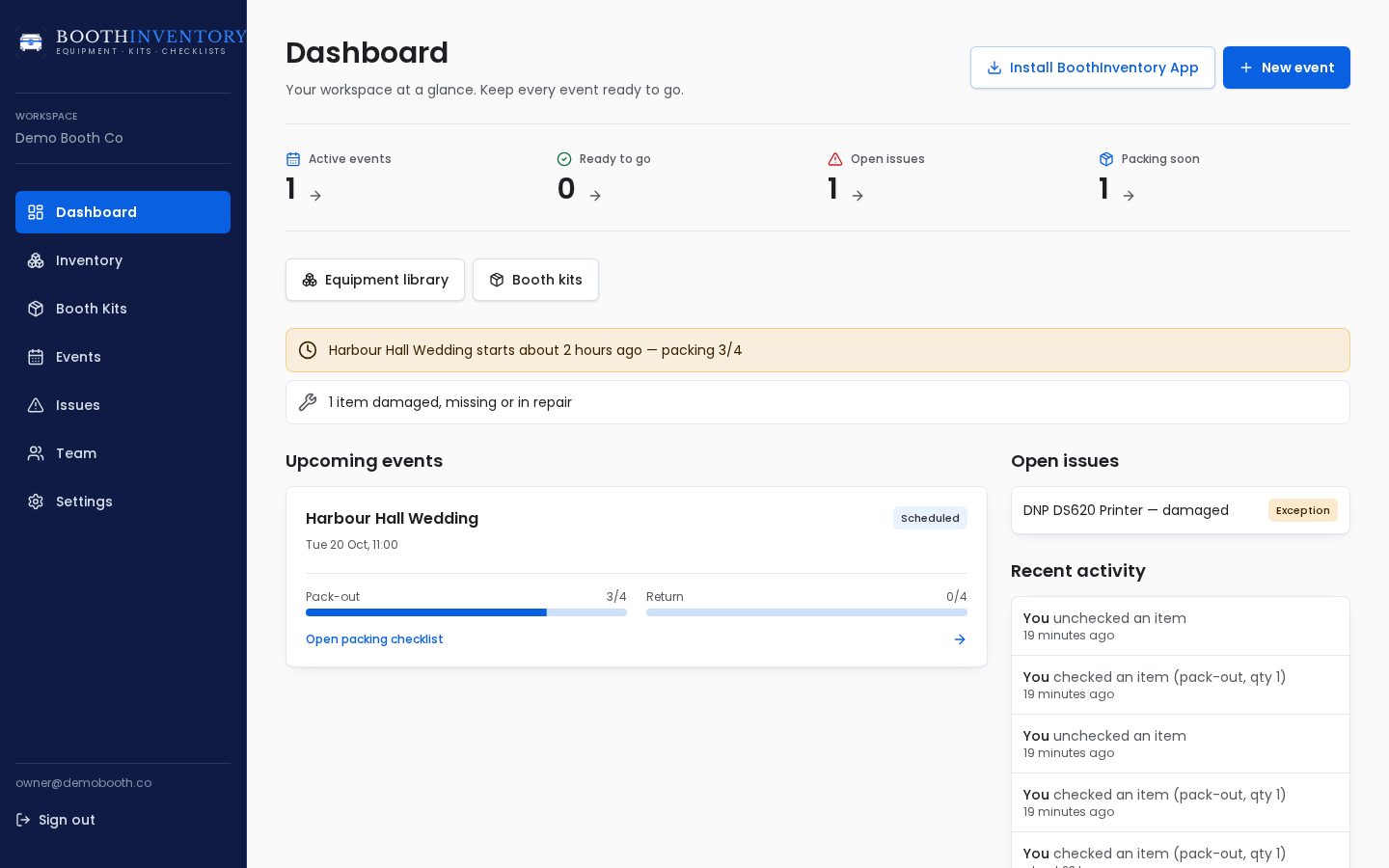 Booth Inventory dashboard showing active events, open issues and packing progress