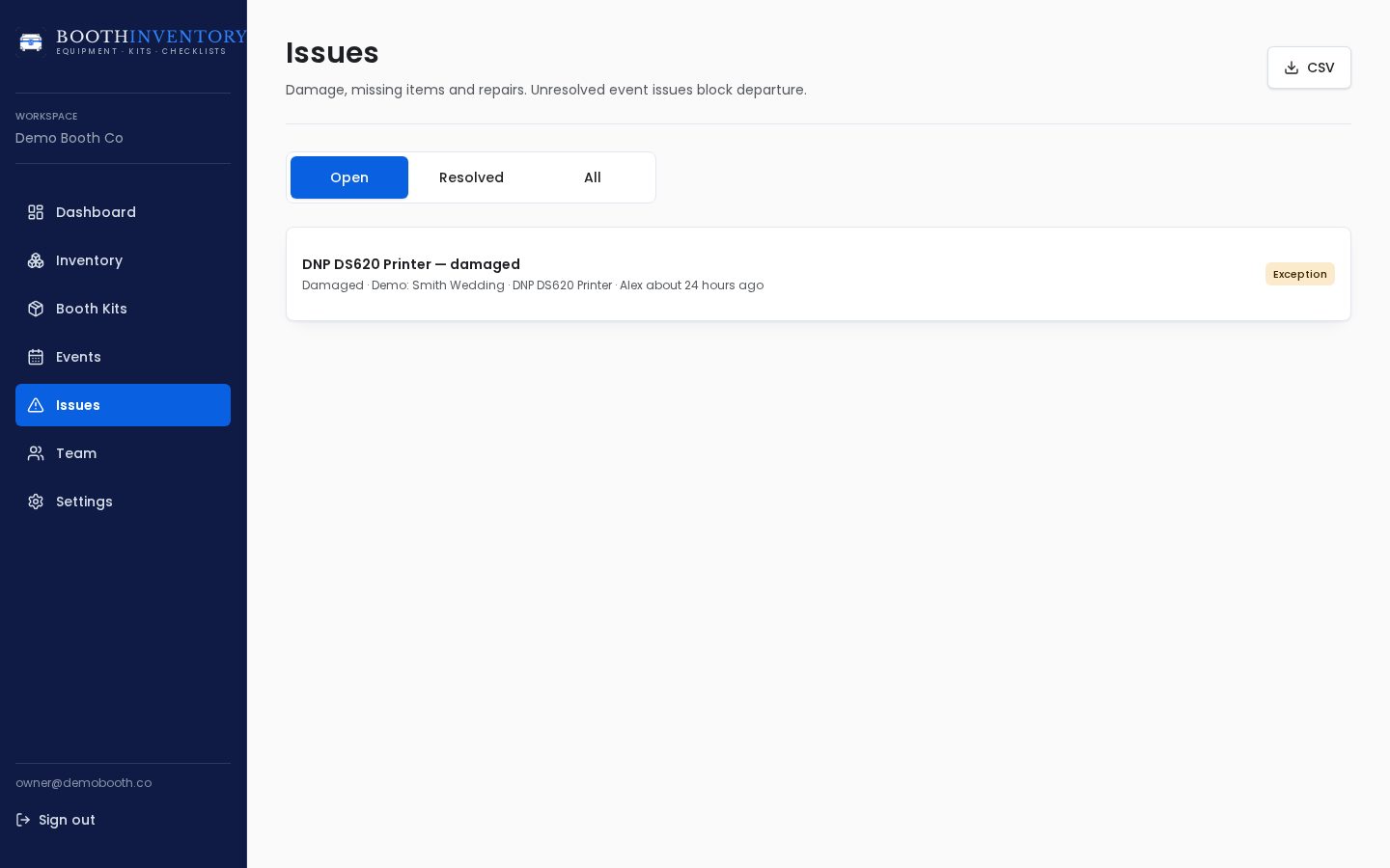 Issues list with damaged equipment reports